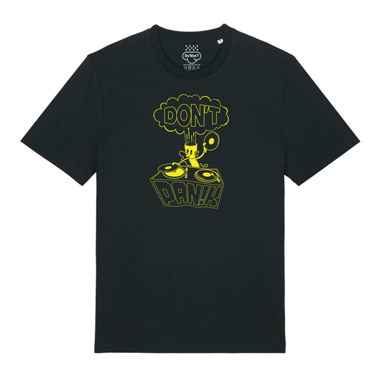 DON'T PANIK navy t-shirt with yellow text, So Wot? organic cotton rave tee