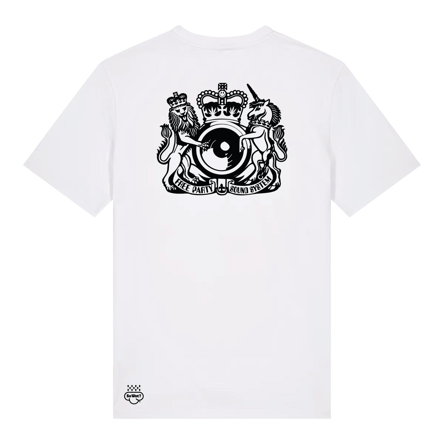 So Wot T-Shirts, white unisex t-shirt with a printed graphic on the front featuring an eye and abstract shapes, and a smaller graphic on the back.
