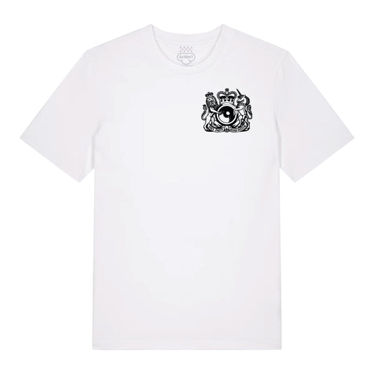 So Wot T-Shirts, White unisex t-shirt with free party sound system coat of arms logo in black on the chest