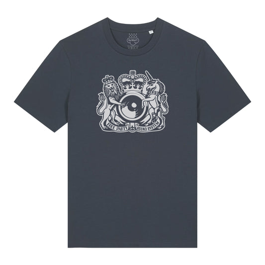 FREE PARTY SOUND SYSTEM ink grey t-shirt with coat of arms, So Wot? rave culture tee
