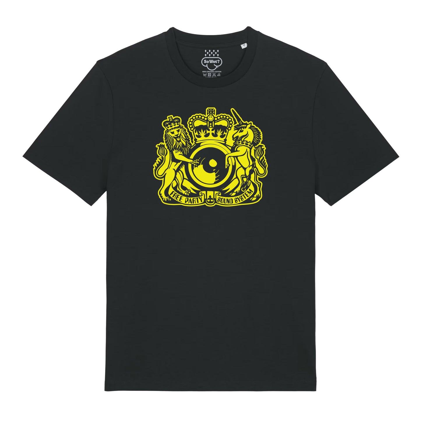 FREE PARTY SOUND SYSTEM black t-shirt with coat of arms, So Wot? rave culture tee