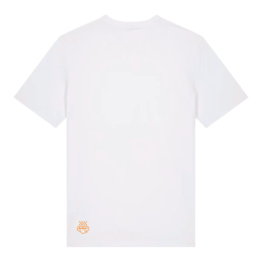 White t-shirt with a small orange logo on the back against a white background