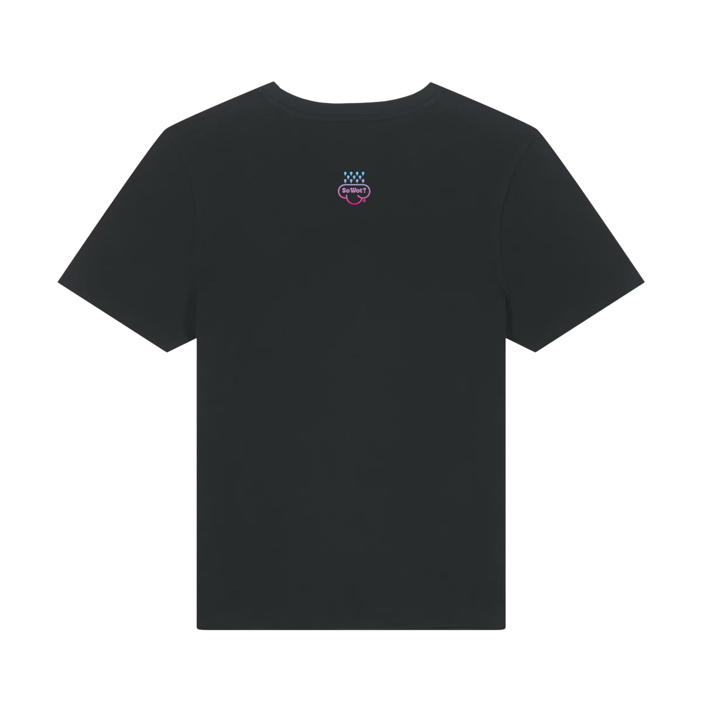 Black t-shirt with a small logo on the back against a white background