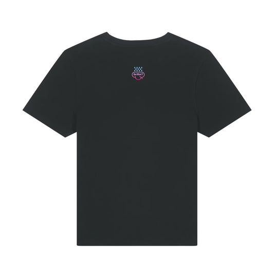 Black t-shirt with a small logo on the back against a white background