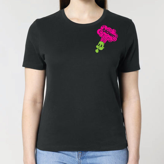 Black t-shirt with colorful design on a plain background