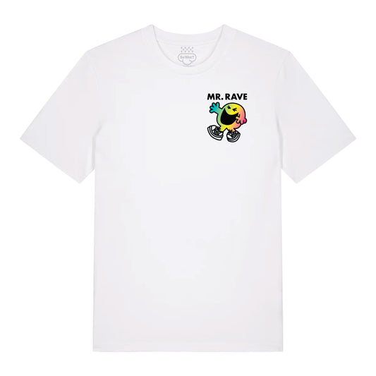 MR. RAVE SAYS white t-shirt with rave character graphic, So Wot? UK streetwear