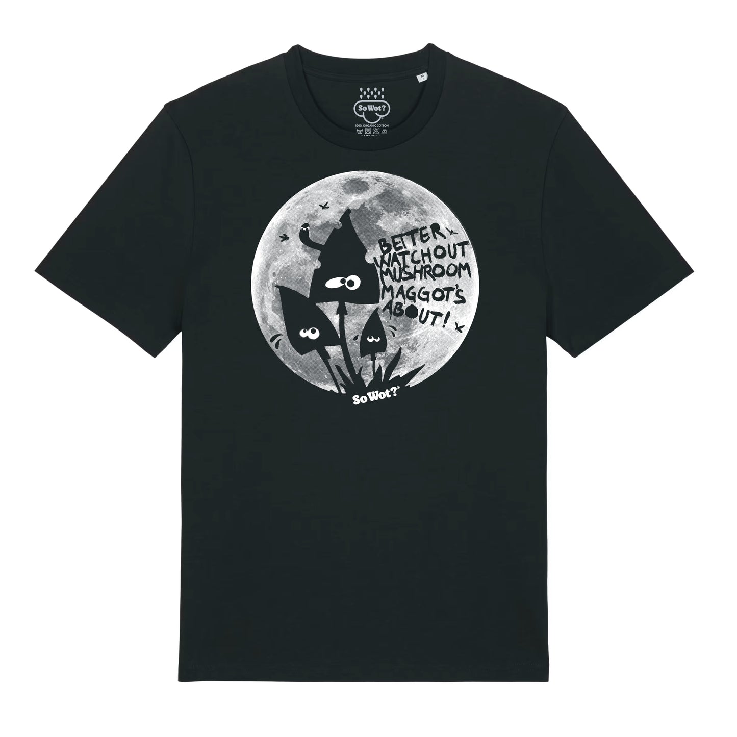 Black t-shirt with a graphic design of a cat and moon on a white background