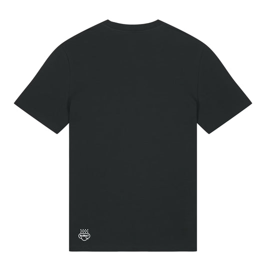 Black t-shirt with a small logo on the back against a white background