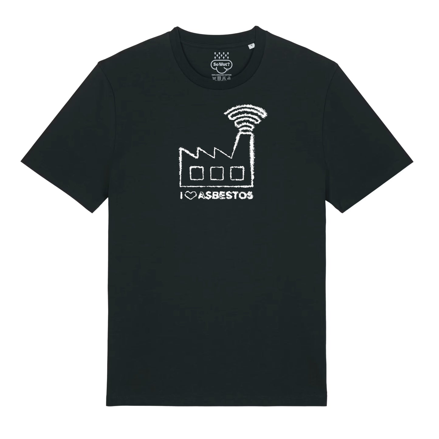 Black t-shirt with white graphic design and text on a white background