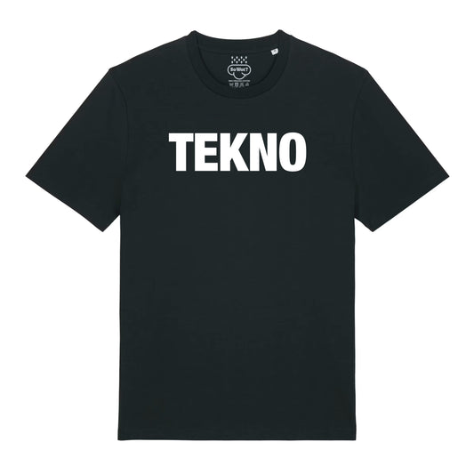 Black t-shirt with 'TEKNO' printed in white on a white background