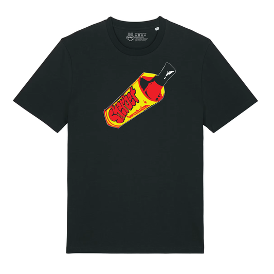 Black t-shirt with yellow and red graphic of a sherbet fountain sweet