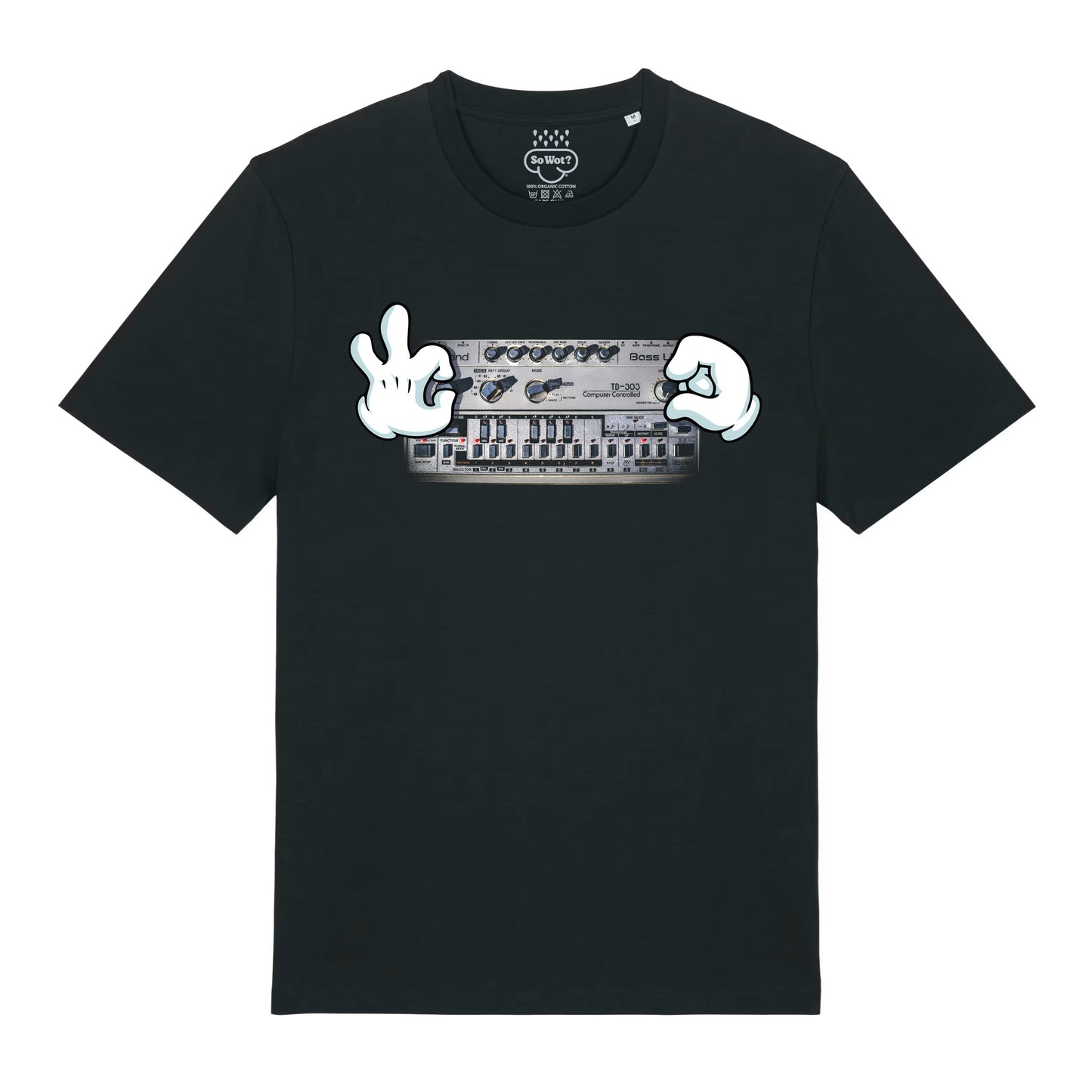 Black t-shirt with a graphic design of hands and a device on a white background