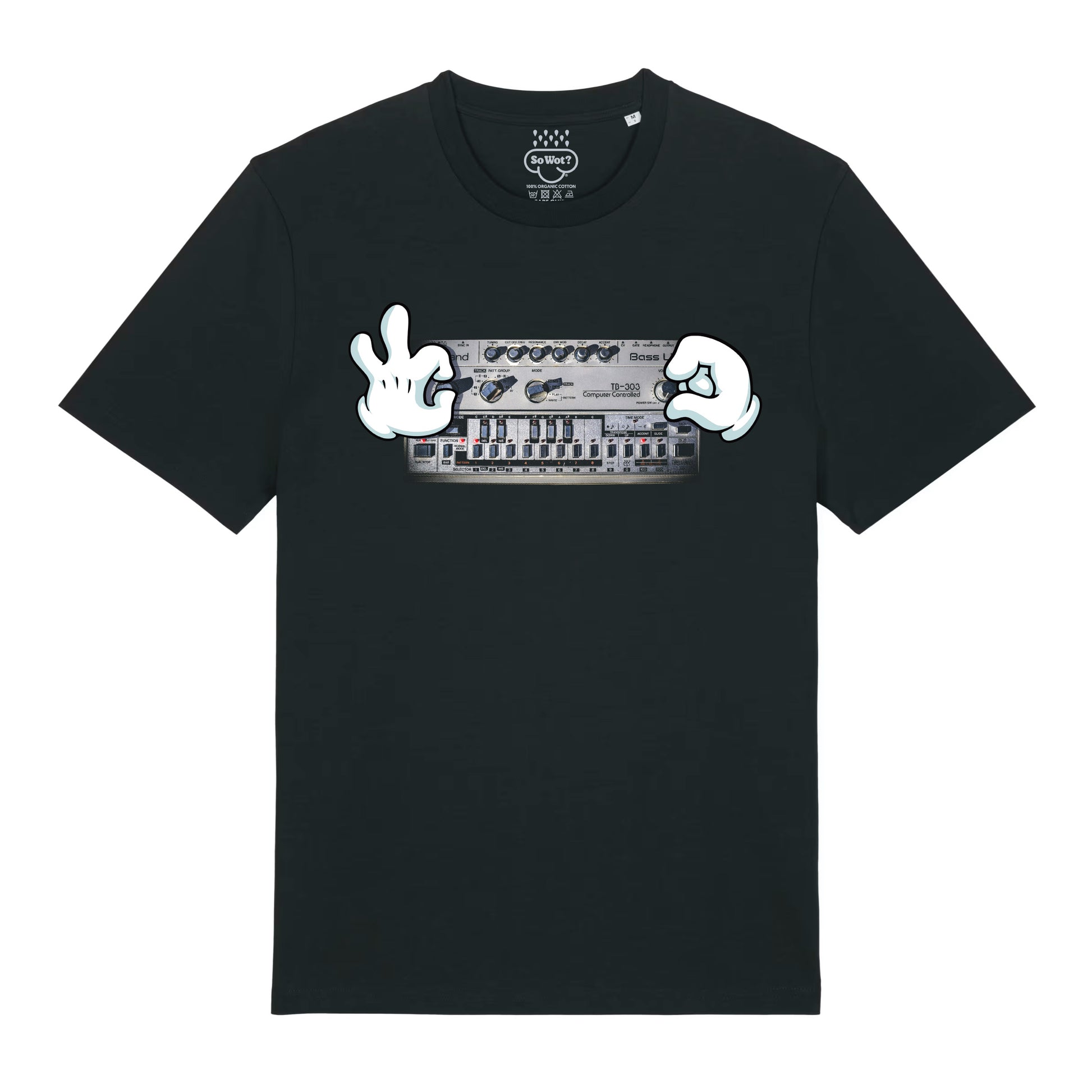 Black t-shirt with a graphic design of hands and a device on a white background