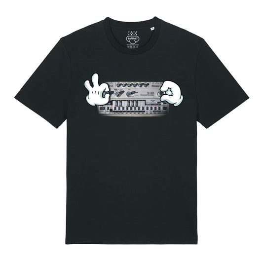 Black t-shirt with a graphic design of hands and a device on a white background