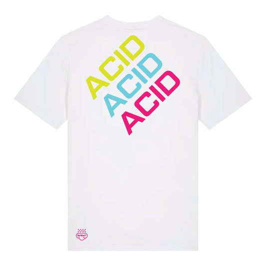 ACID ACID ACID white t-shirt back view with So Wot? branding, rave culture graphic tee
