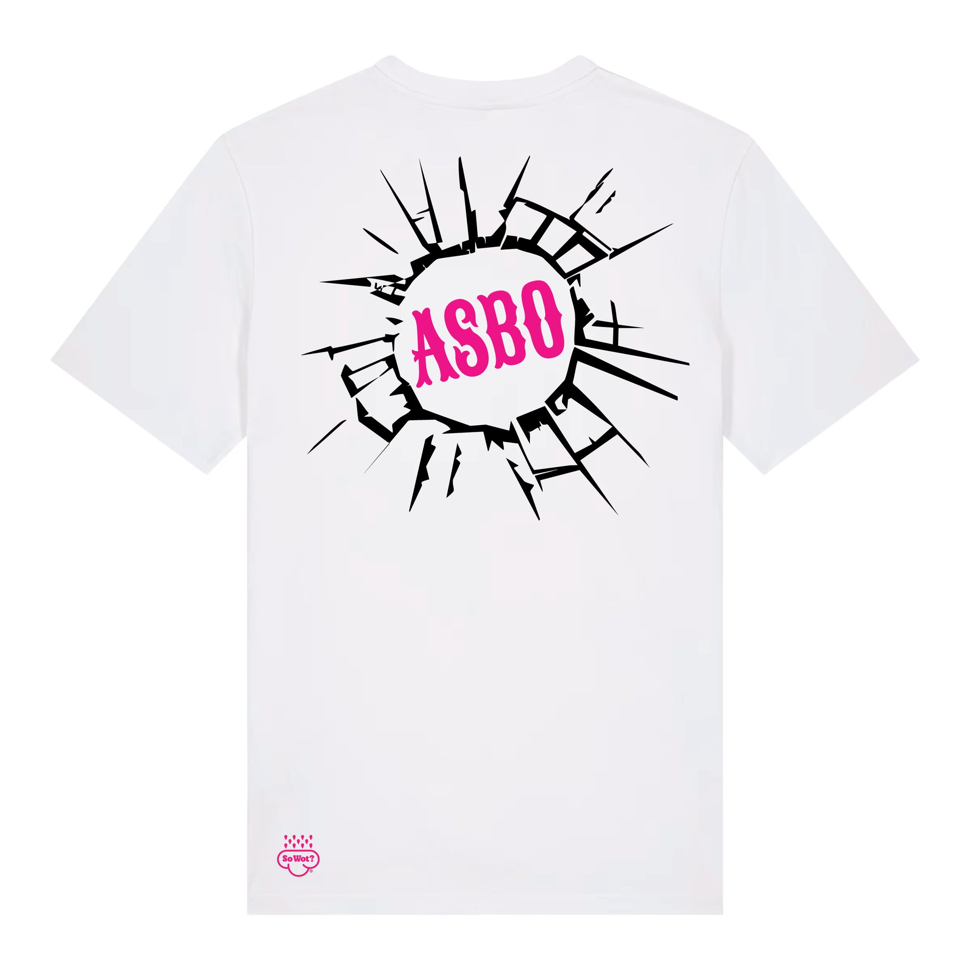 ASBO white t-shirt back view with So Wot? branding, rave culture streetwear

