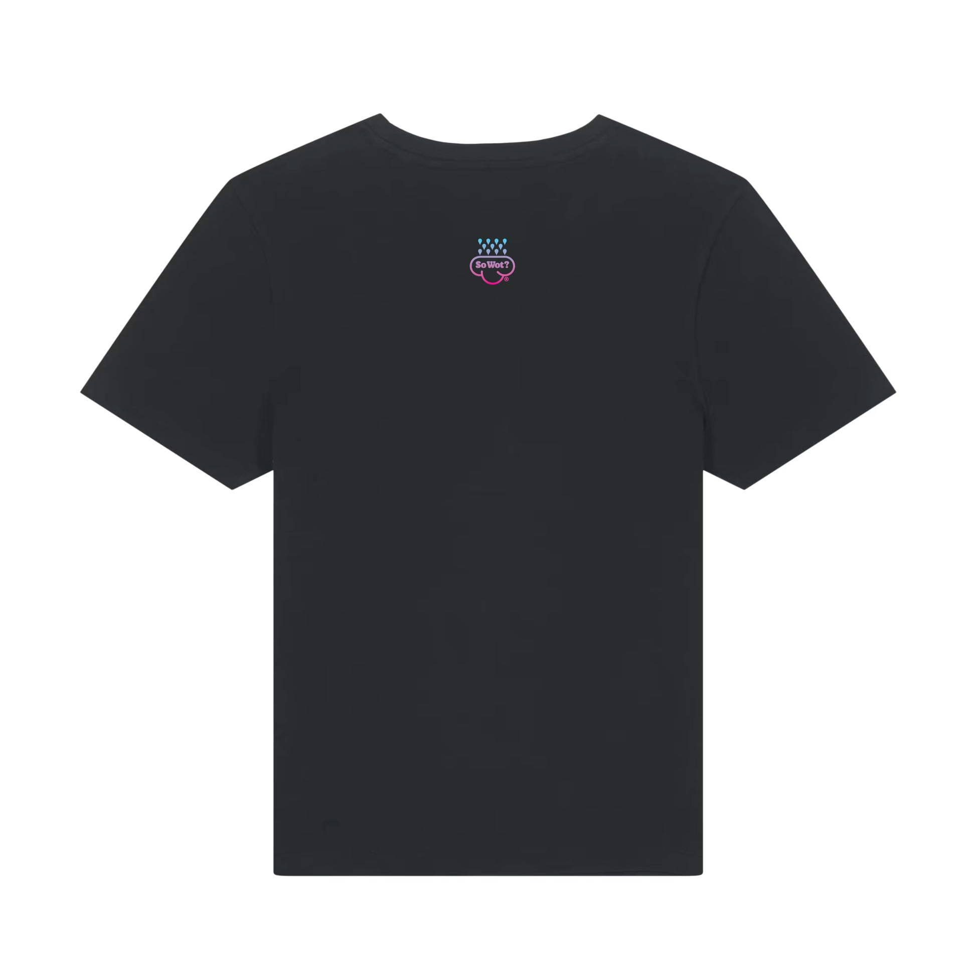 Black t-shirt with a small logo on the back against a white background
