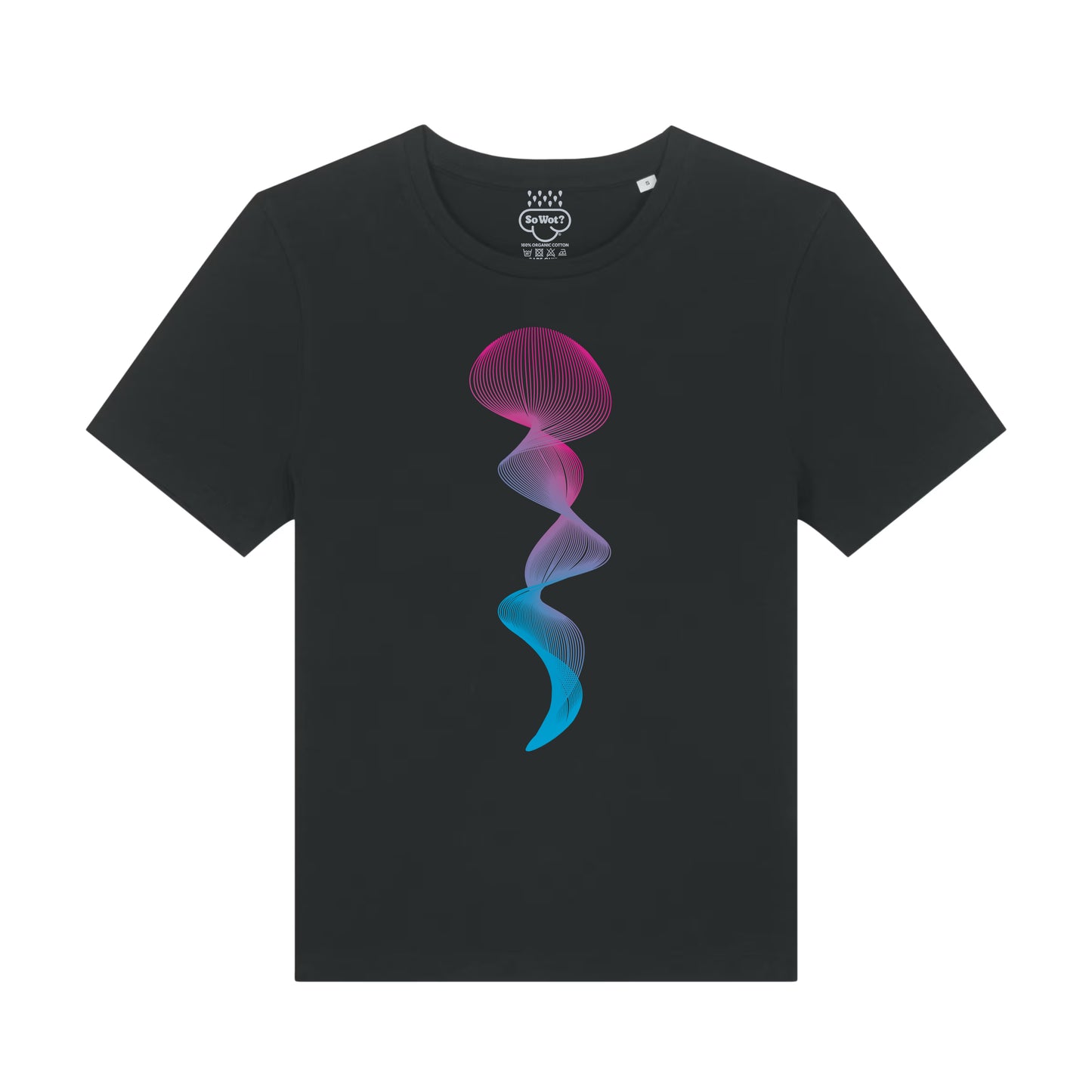 Black t-shirt with a colorful jellyfish design on a white background
