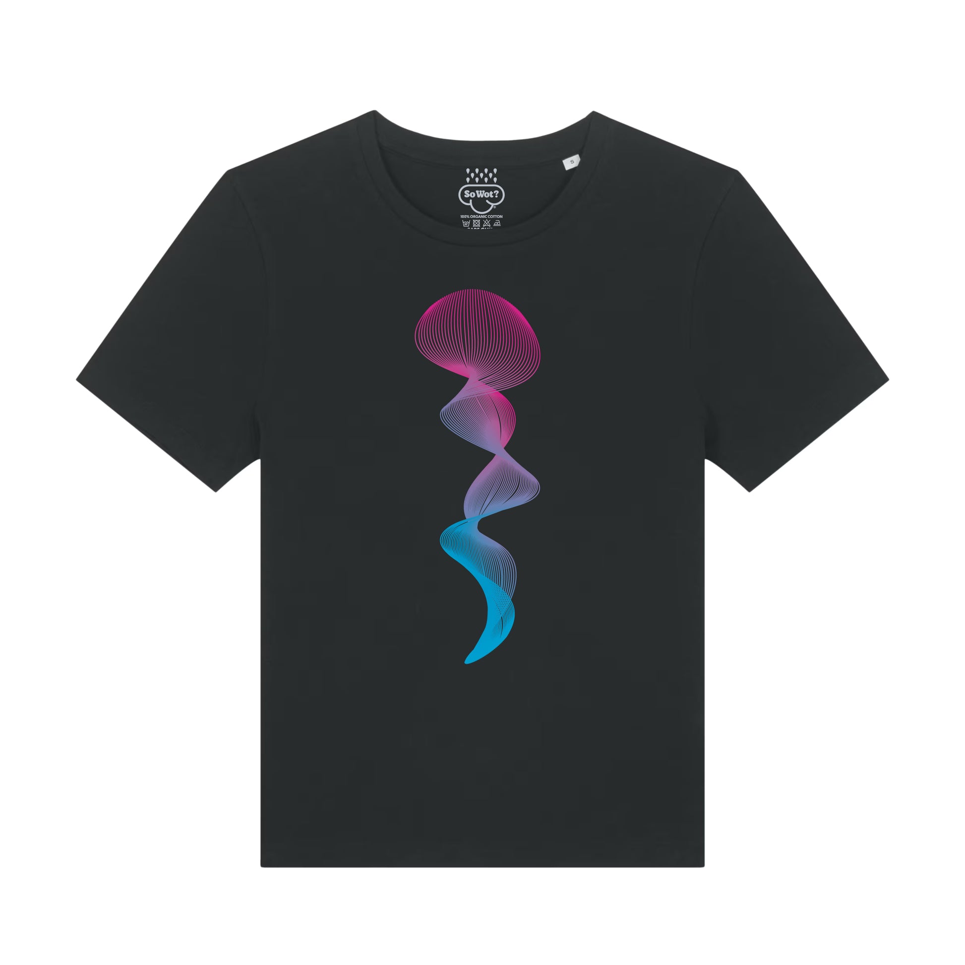 Black t-shirt with a colorful jellyfish design on a white background