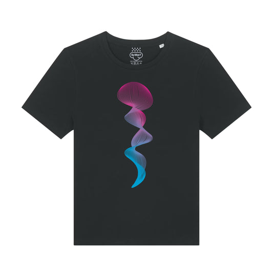 Black t-shirt with a colorful jellyfish design on a white background