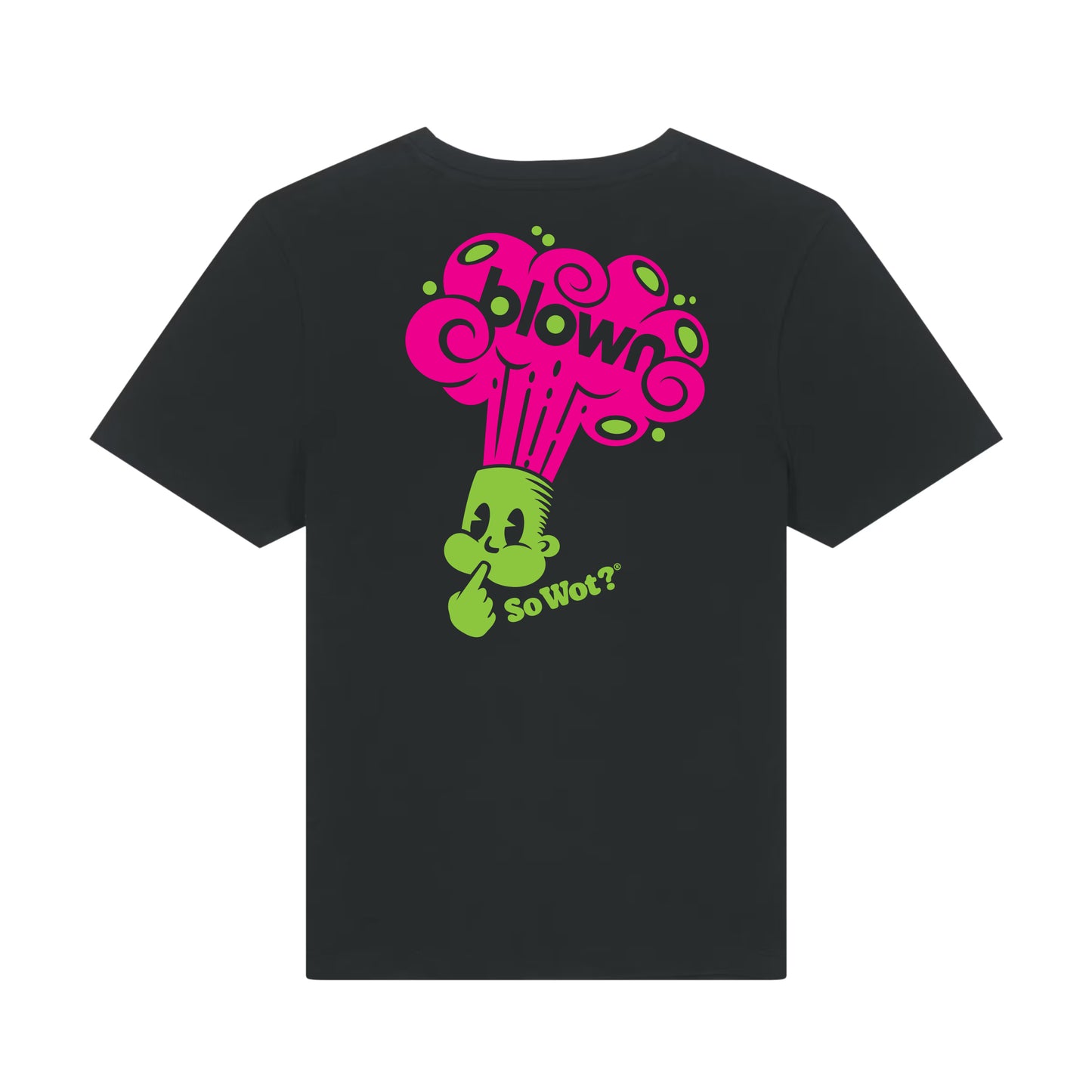 So Wot? Black t-shirt with colorful graphic design on the back