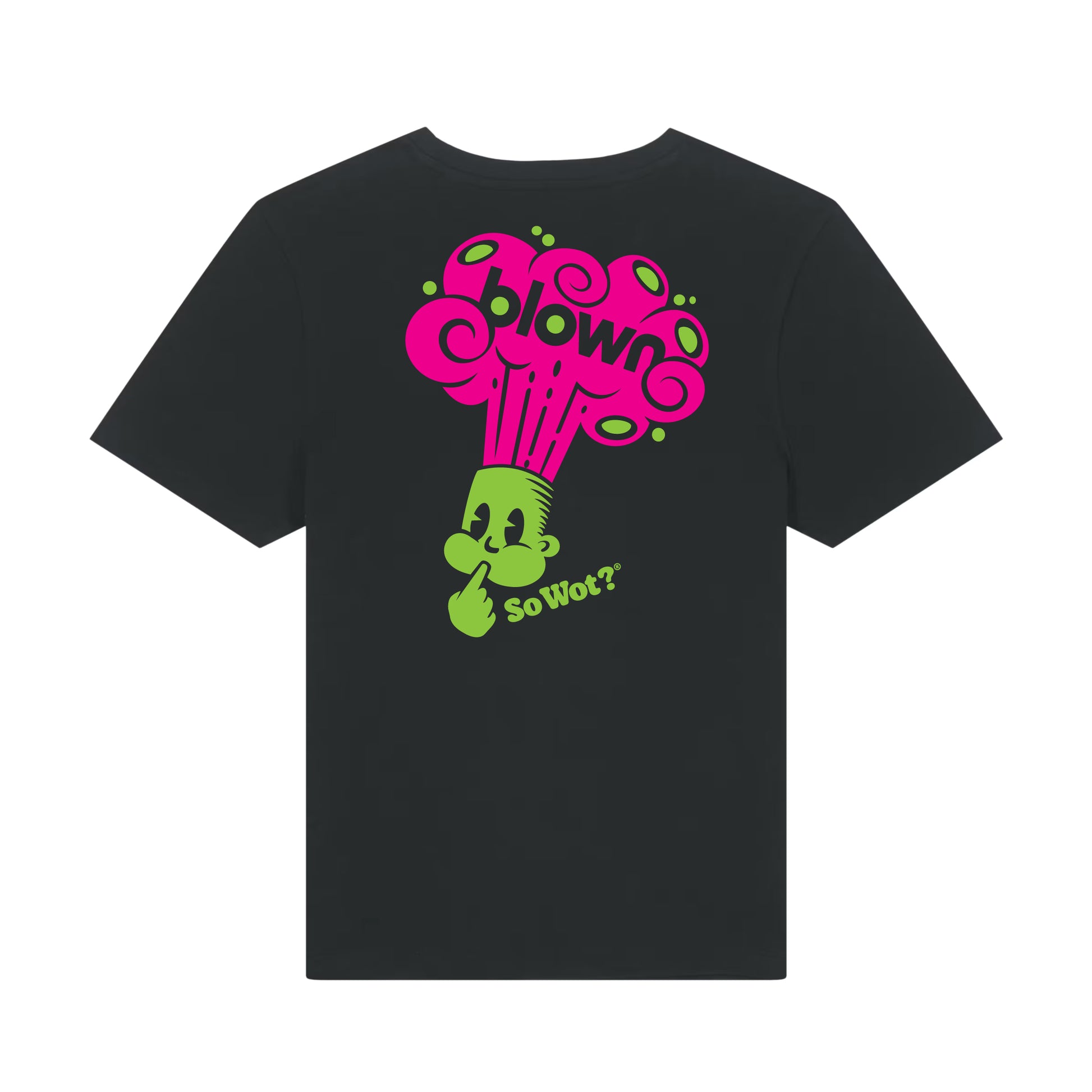 So Wot? Black t-shirt with colorful graphic design on the back