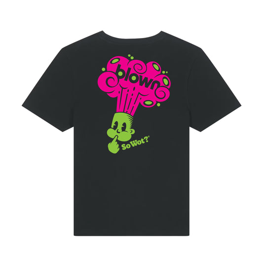 So Wot? Black t-shirt with colorful graphic design on the back