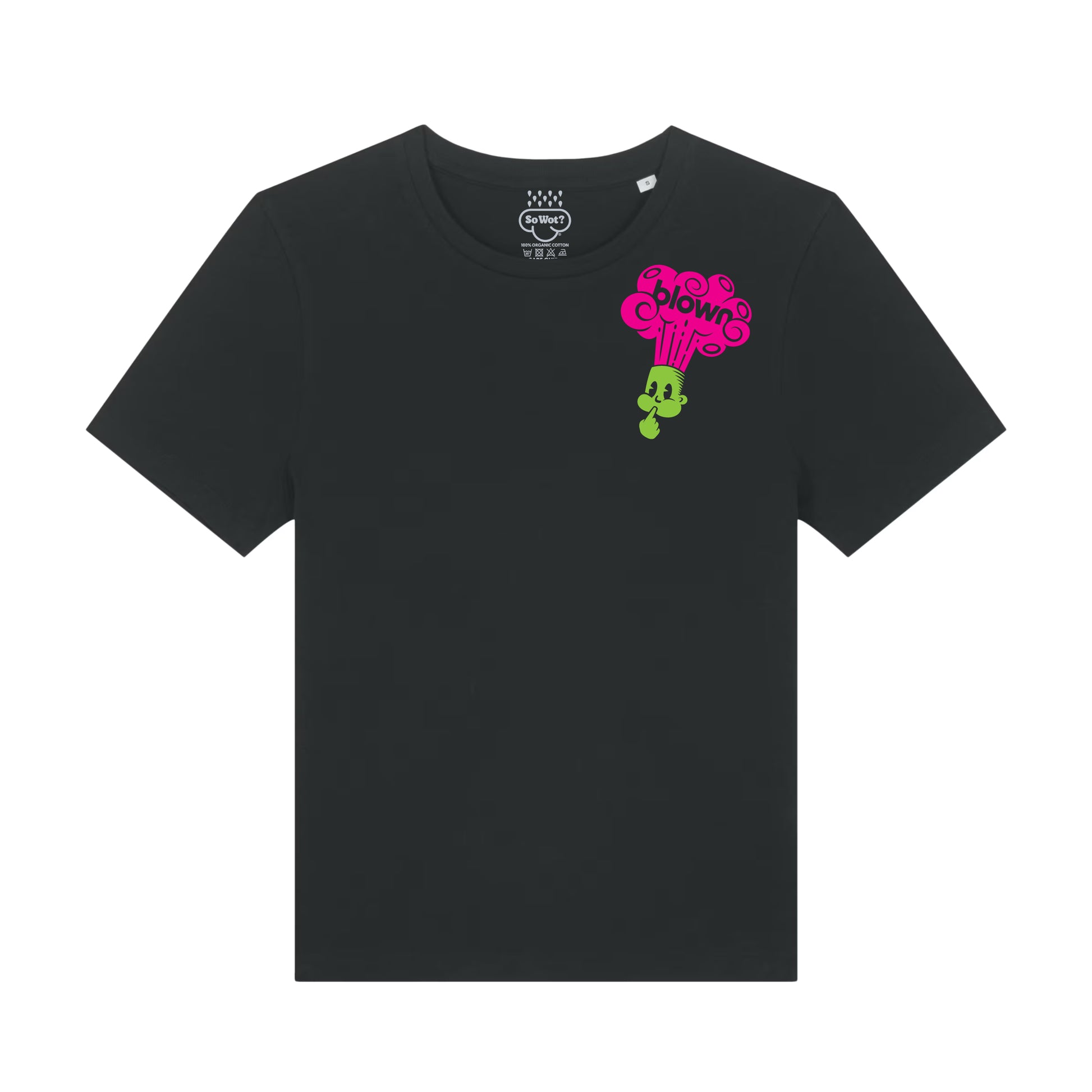 Black t-shirt with colorful graphic design on a white background