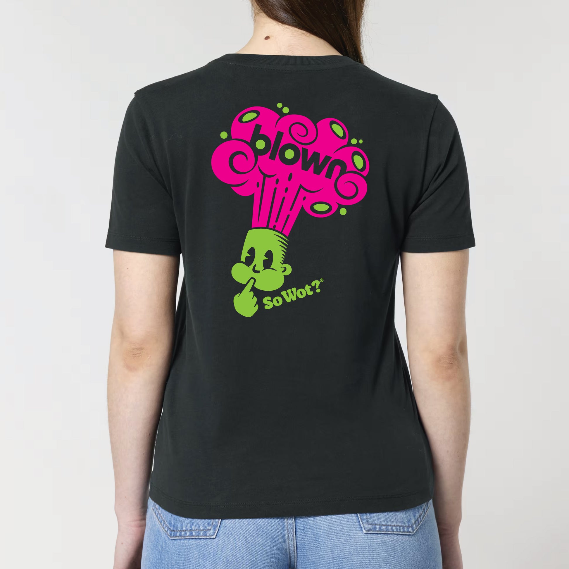 So WOt Black t-shirt with colorful graphic design on the back, worn by a person.