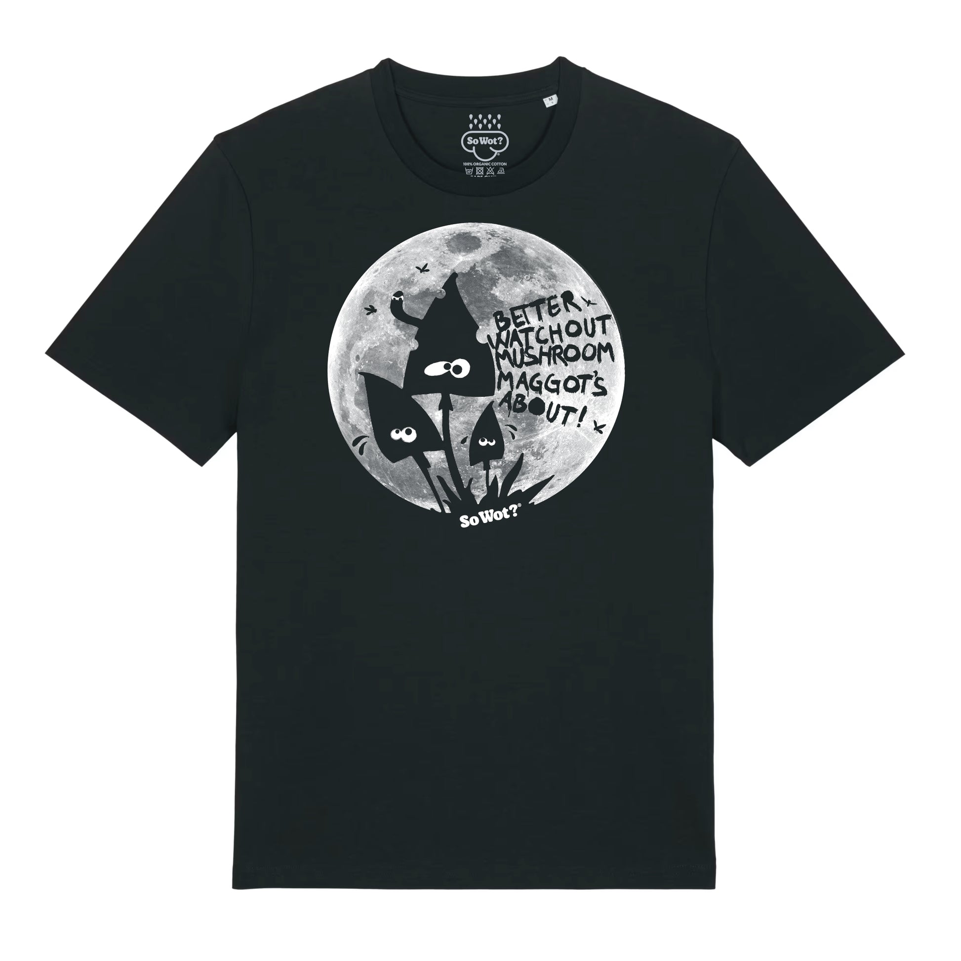 Black t-shirt with a graphic design of a cat and moon on a white background