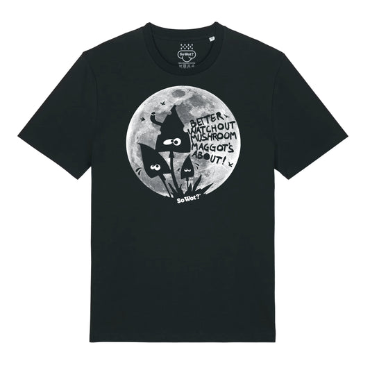 Black t-shirt with a graphic design of a cat and moon on a white background