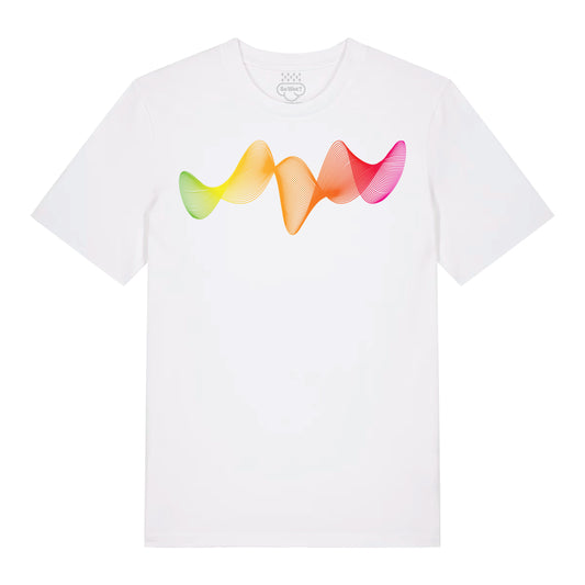 White t-shirt with a colorful wave design on a white background