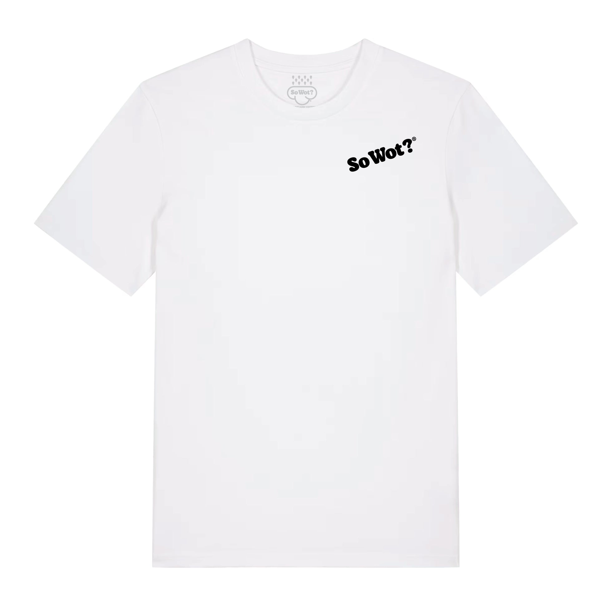 ACID ACID ACID white t-shirt with So Wot? logo, organic cotton UK rave streetwear
