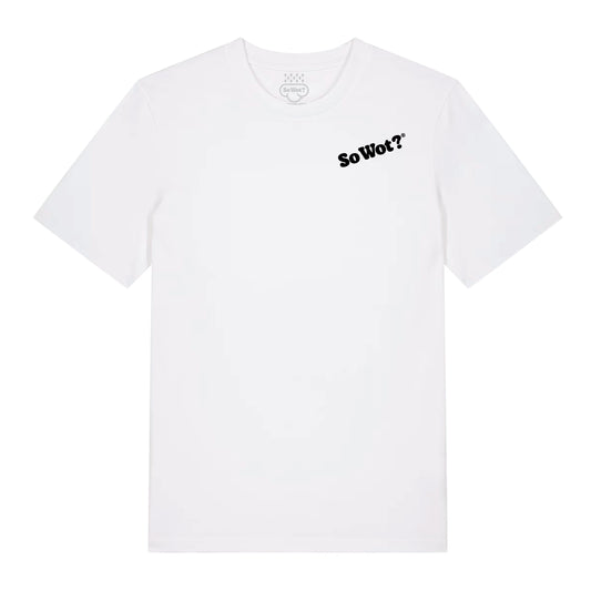 ACID ACID ACID white t-shirt with So Wot? logo, organic cotton UK rave streetwear
