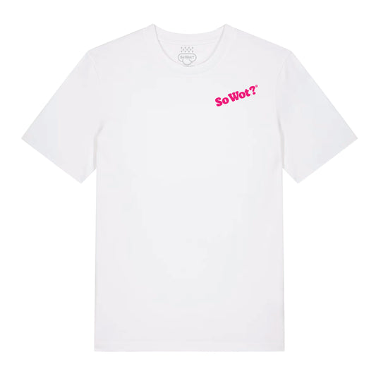 ASBO white t-shirt with So Wot? logo, organic cotton UK streetwear graphic tee
