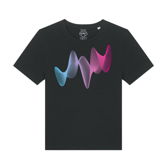 Black t-shirt with colorful wave design on a white background
