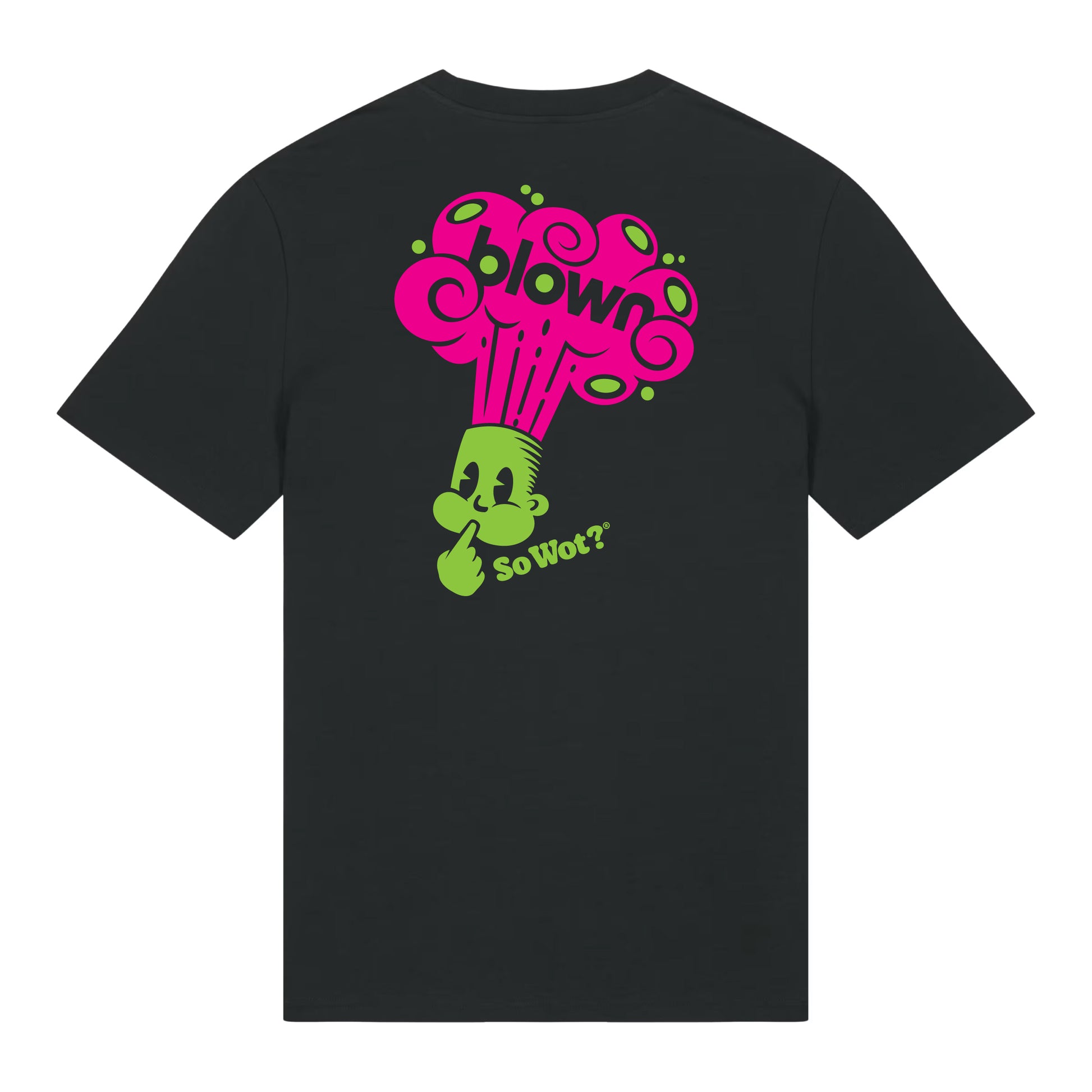 A black unisex t-shirt with a graphic print on the front and back featuring the phrase 'BLOWN' with a plant-like design.