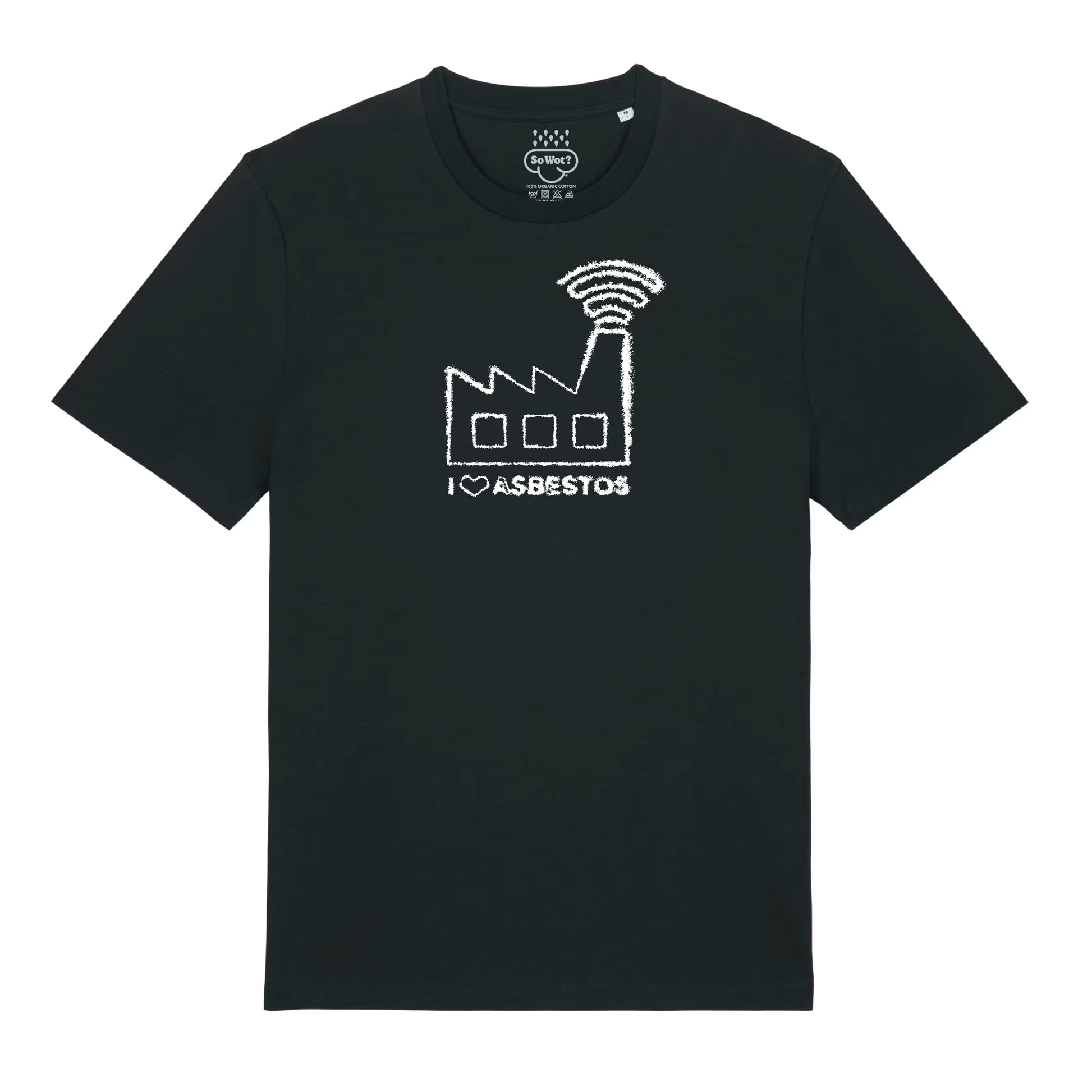 Black t-shirt with white graphic design and text on a white background