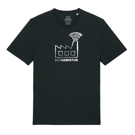 Black t-shirt with white graphic design and text on a white background