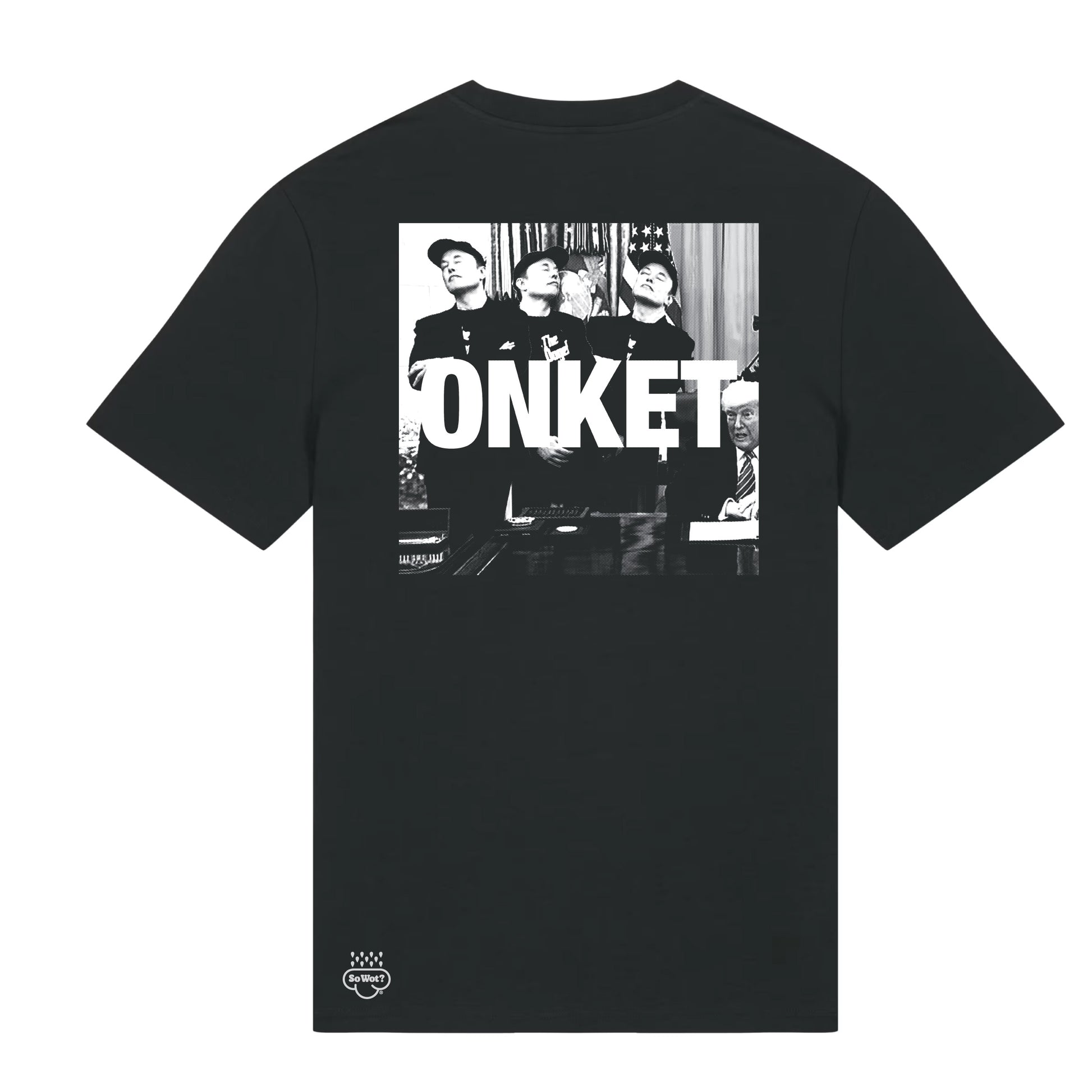 Black t-shirt with a graphic design on the back featuring text and funny images of Elon Musk and Donald Trump on a white background.