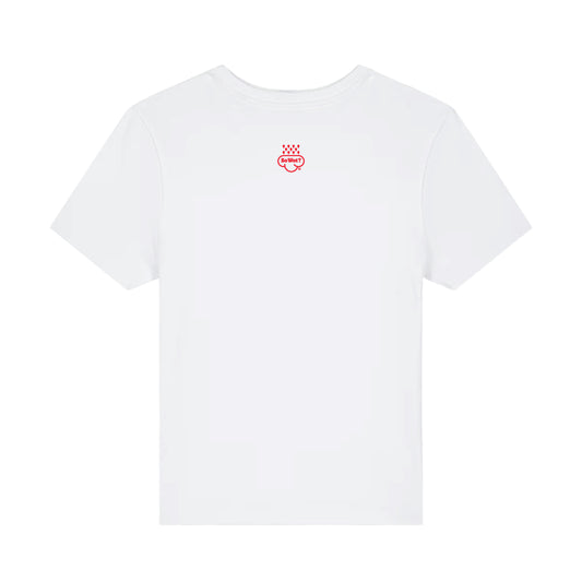 White t-shirt with a red logo on the back against a white background