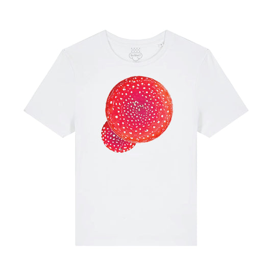 White women's fitted t-shirt with red white spotted red mushrooms