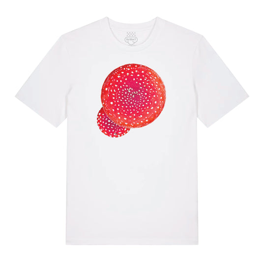 White t-shirt with giant red spotty mushroom or toadstall