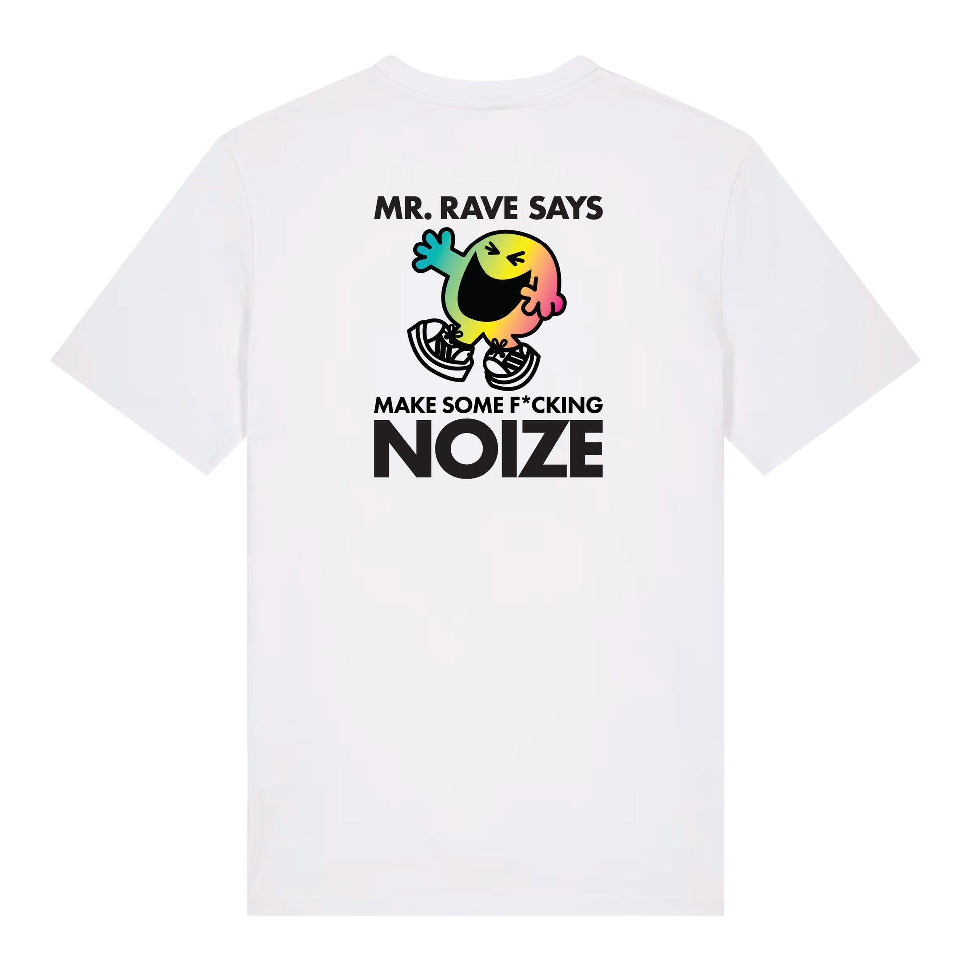 MR. RAVE SAYS white t-shirt with rave character graphic, So Wot? UK streetwear