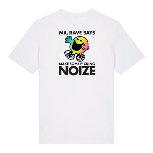 MR. RAVE SAYS white t-shirt with rave character graphic, So Wot? UK streetwear